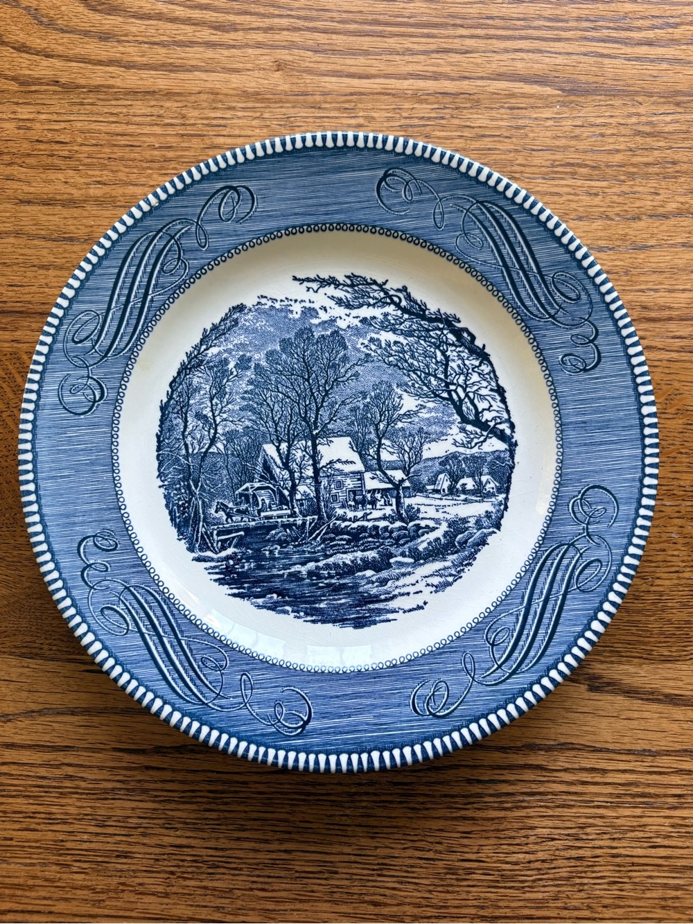 VTG Currier and Ives The Old Grist Mill dinner plate- 10 inches- lots of crazing